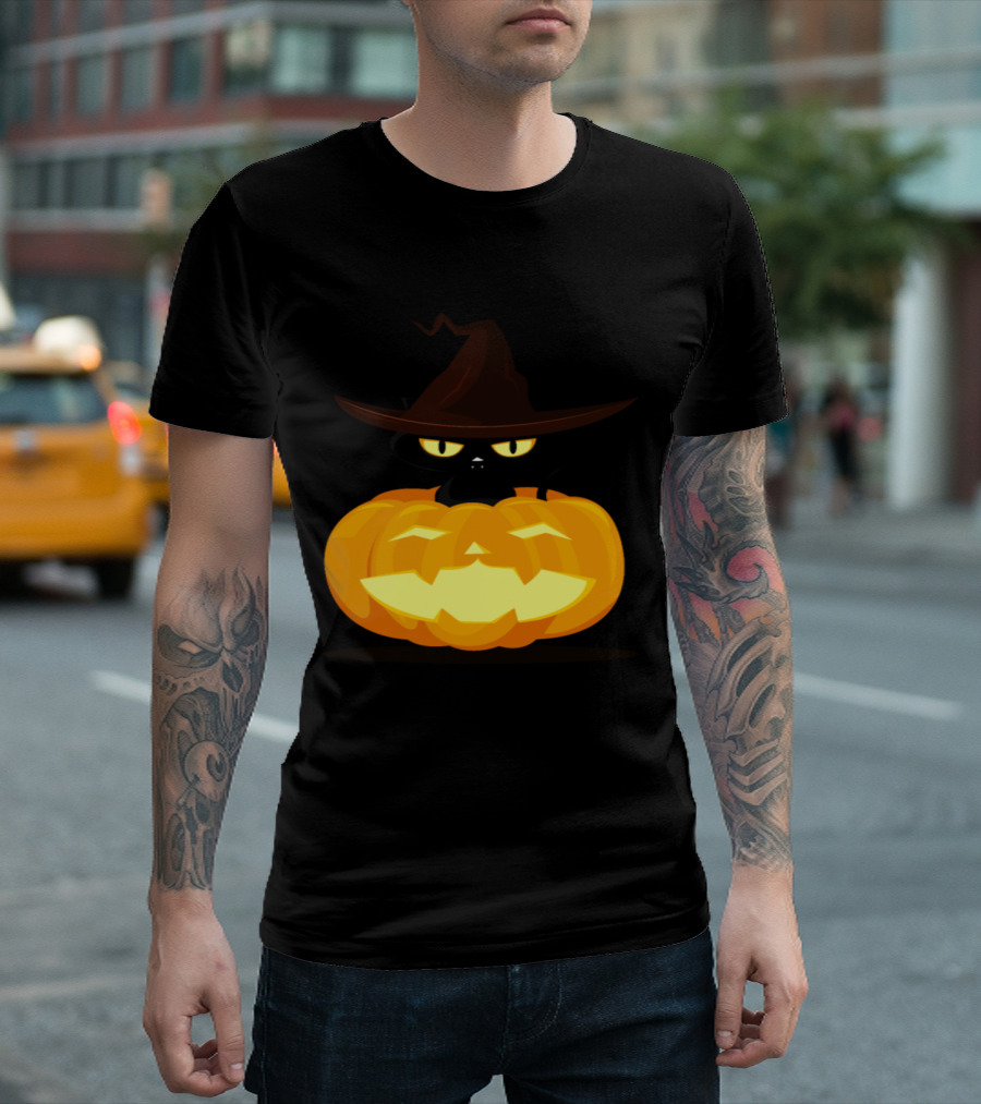 Black Cat in Witch Hat Inside Jack-o'-Lantern Pumpkin Halloween T-Shirt