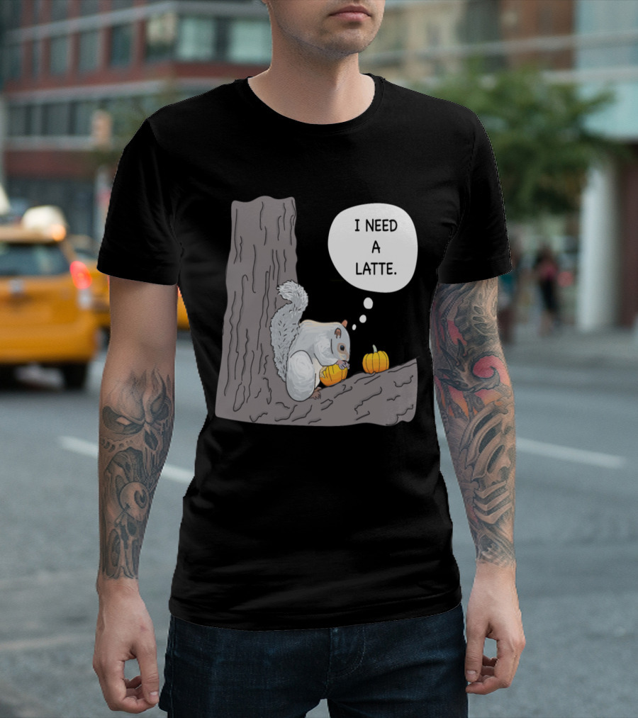 Squirrel Holding Pumpkin Thinking I Need a Latte T-Shirt