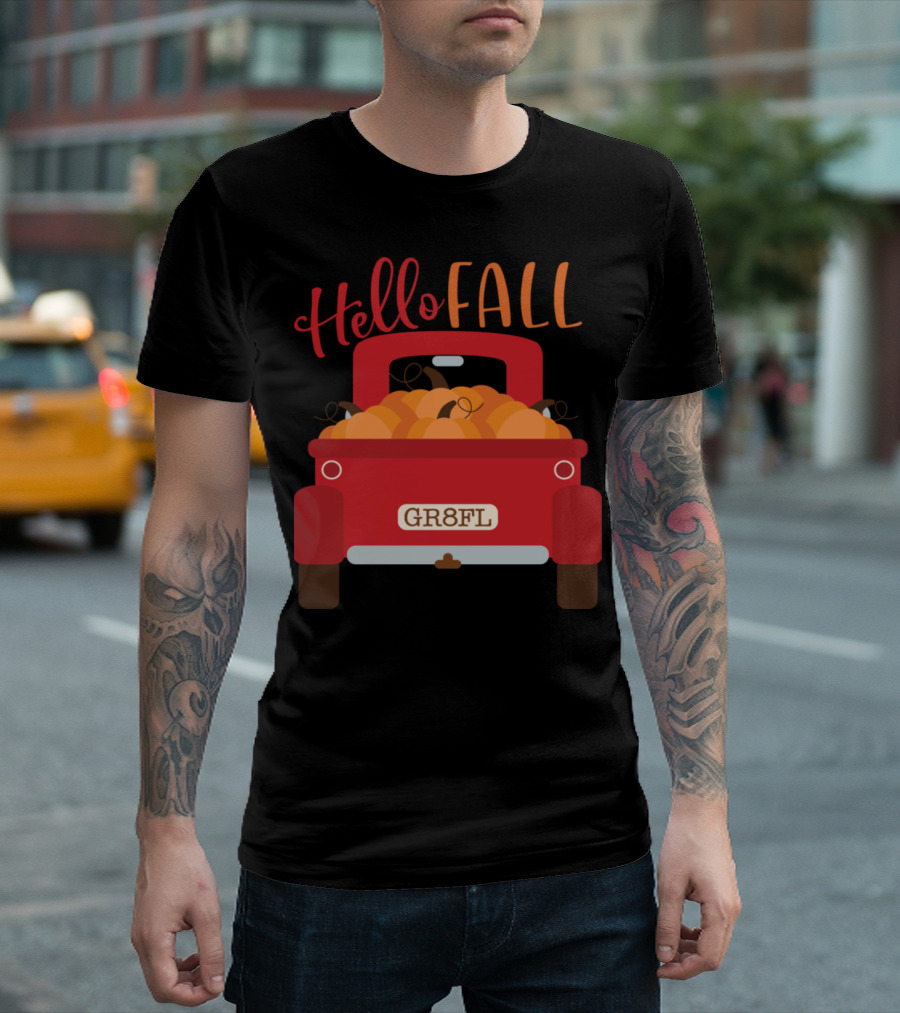 Hello Fall Red Truck GR8FL with Pumpkins T-Shirt