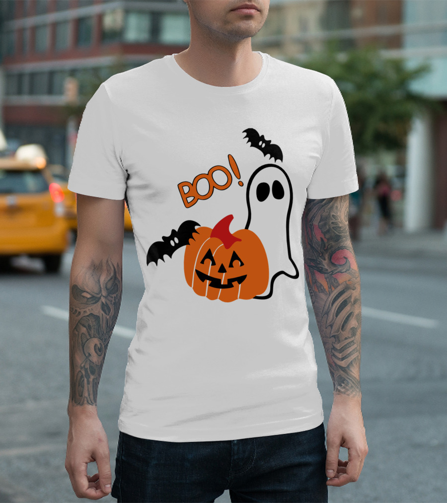Boo Halloween Pumpkin Ghost and Bats T-Shirt