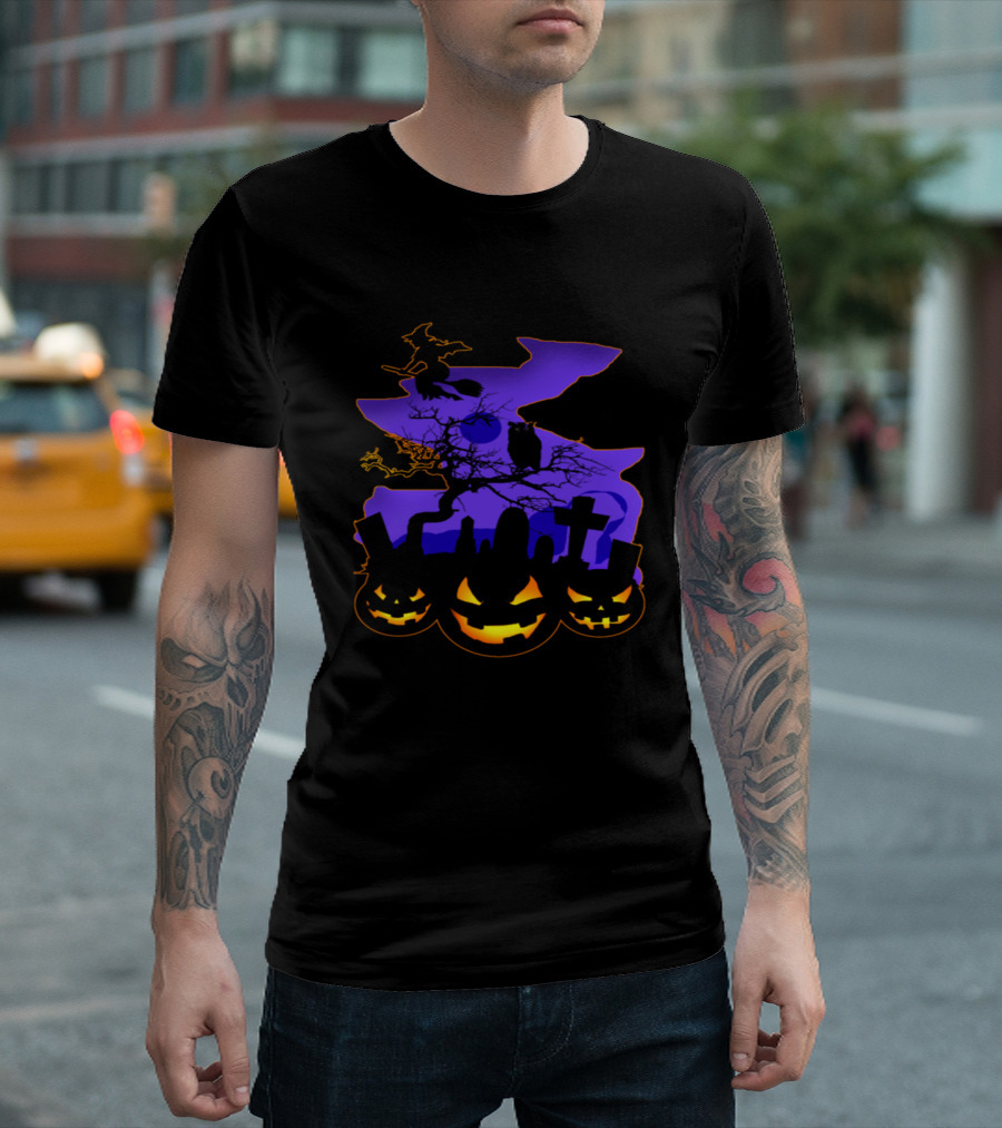 Halloween Purple Witch Flight Over Pumpkin Graveyard T-Shirt