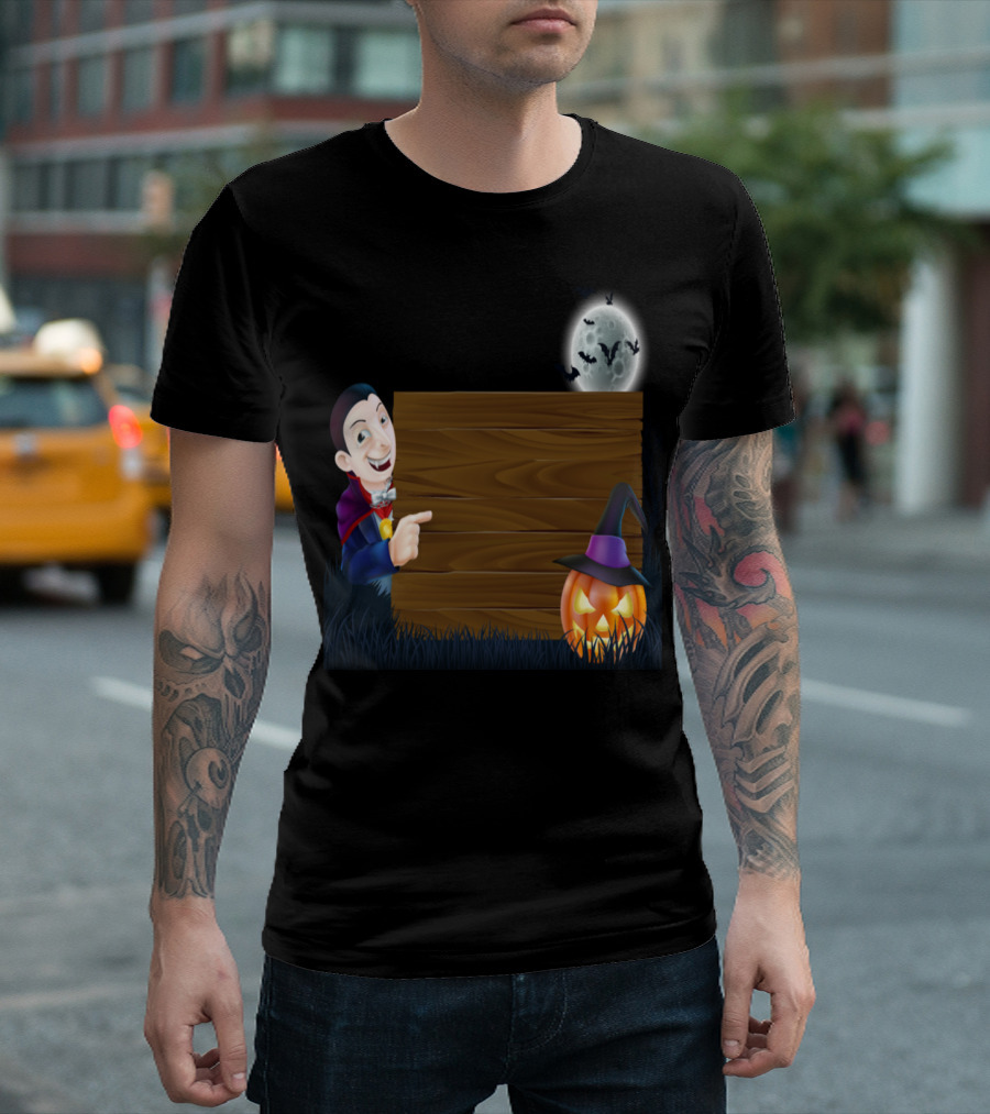 Halloween Vampire with Pumpkin and Bats Under Full Moon T-Shirt