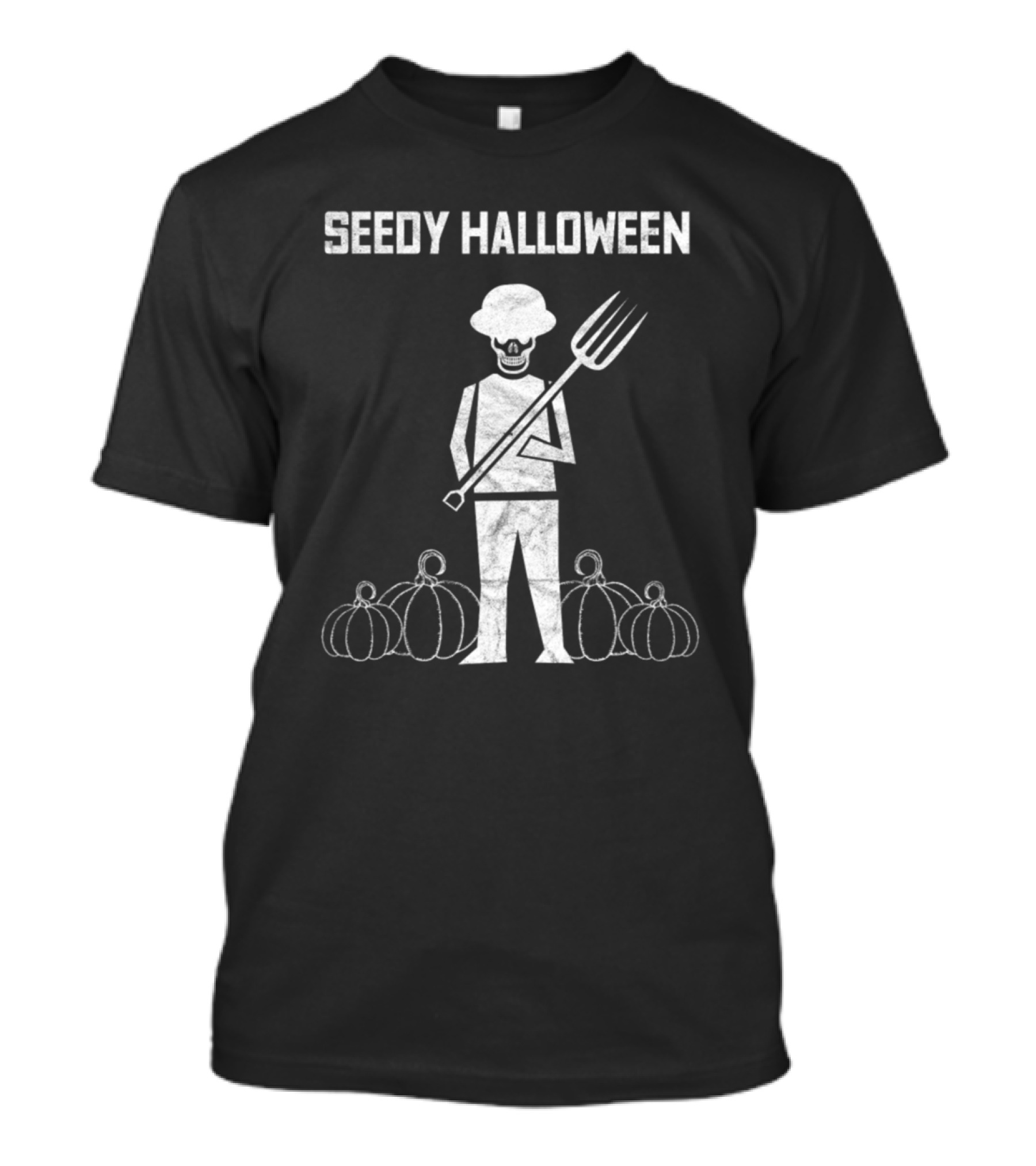 Seedy Halloween Scarecrow With Pumpkins And Pitchfork T-Shirt