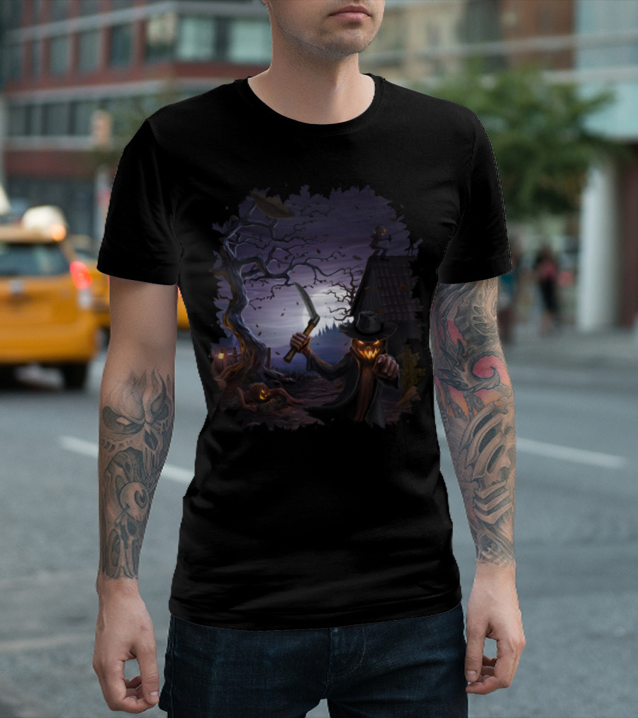 Evil Pumpkins Harvest Under Moonlit Spooky Tree And House T-Shirt