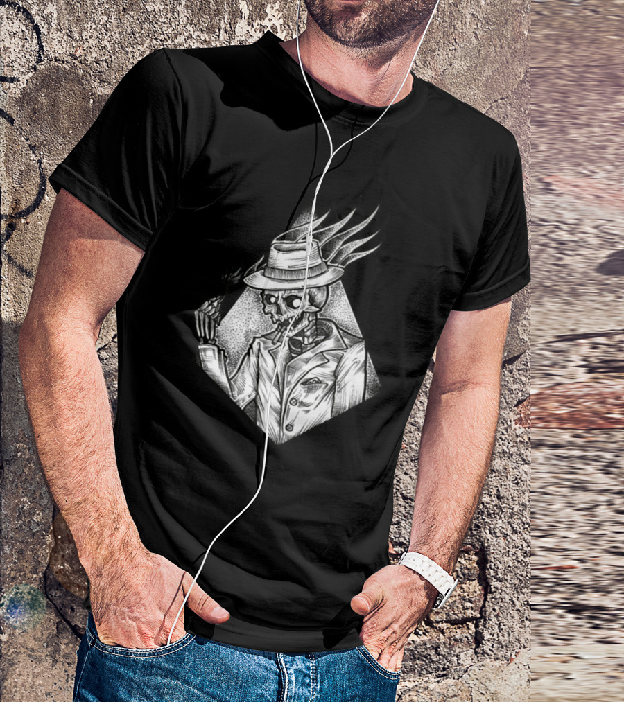 Retro Skeleton Smoking Fedora Gangster T-Shirt