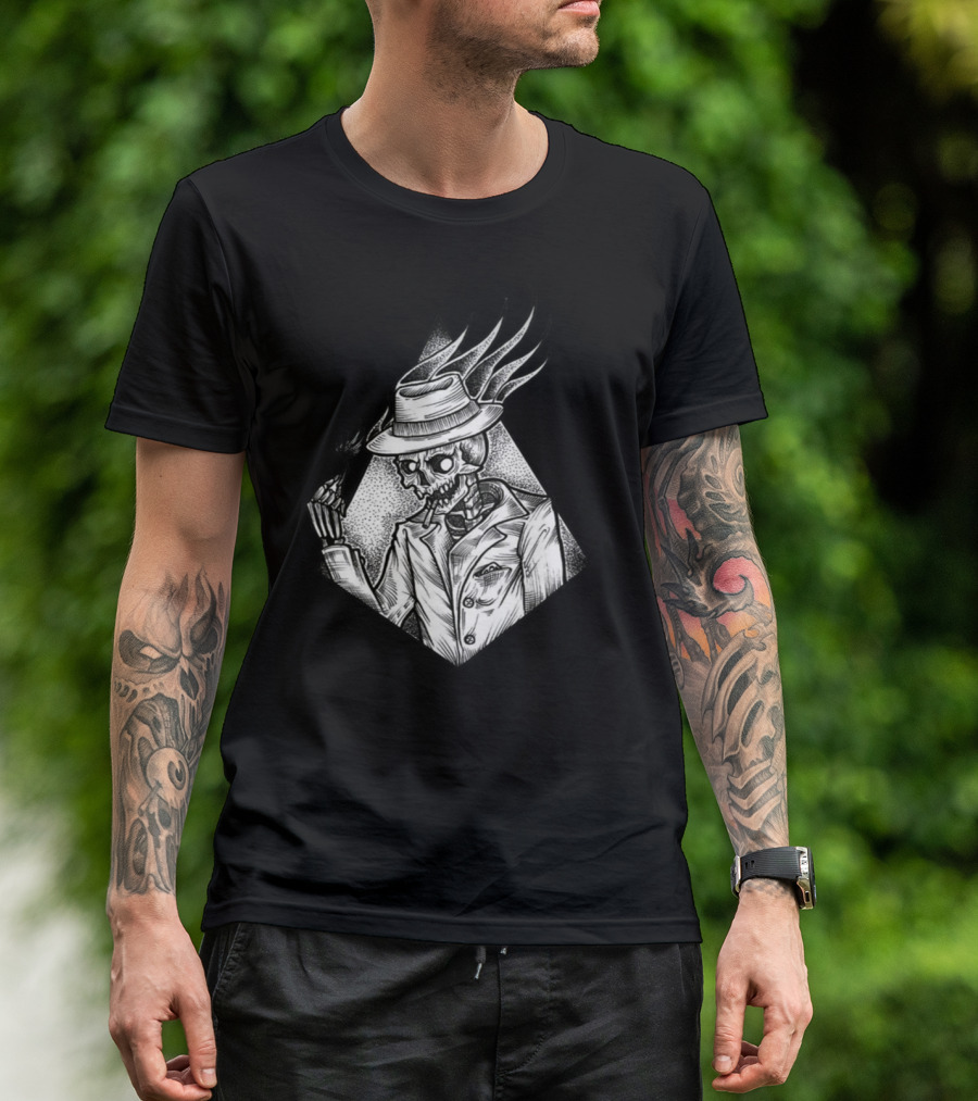 Retro Skeleton Smoking Fedora Gangster T-Shirt