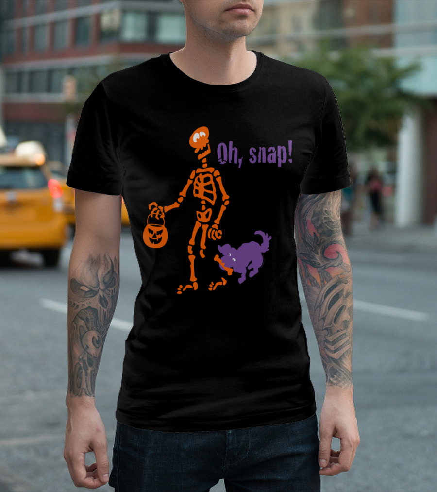 Oh Snap Halloween Skeleton with Purple Dog and Pumpkin Treat T-Shirt