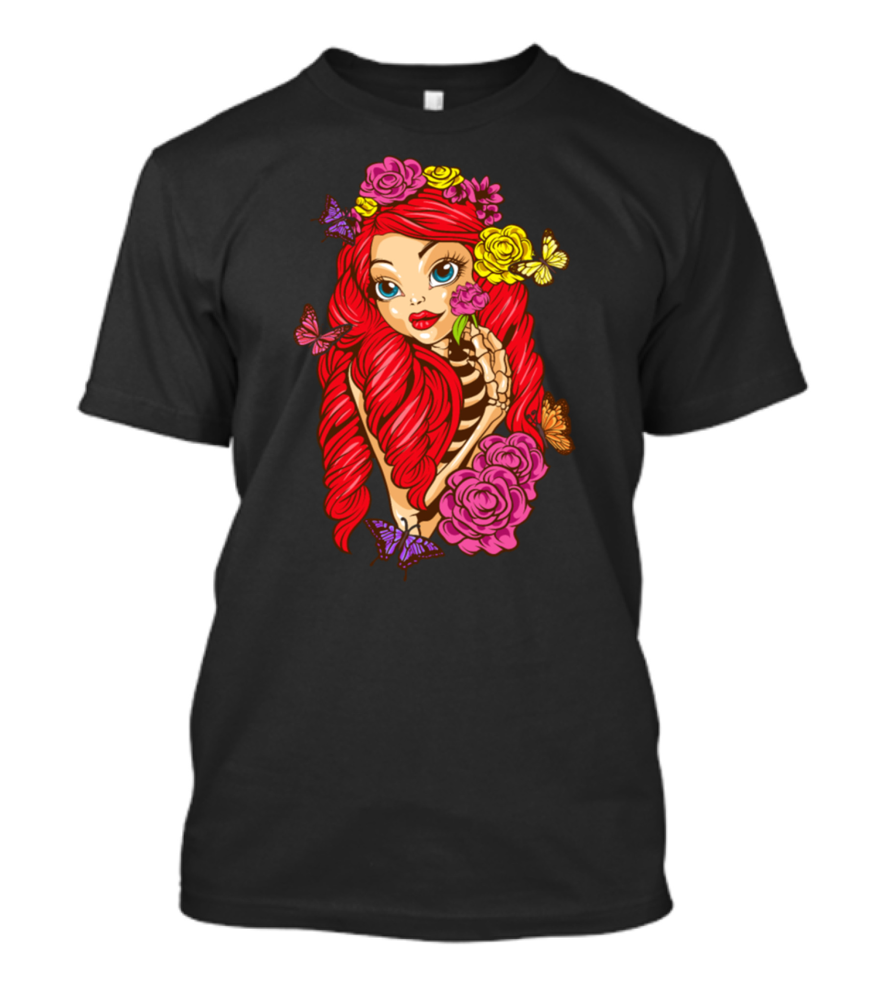 Halloween Skeleton Butterfly Girl Calavera Catrina Rose Bouquet T-Shirt