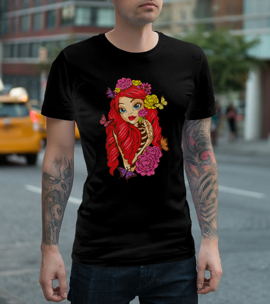 Halloween Skeleton Butterfly Girl Calavera Catrina Rose Bouquet T-Shirt