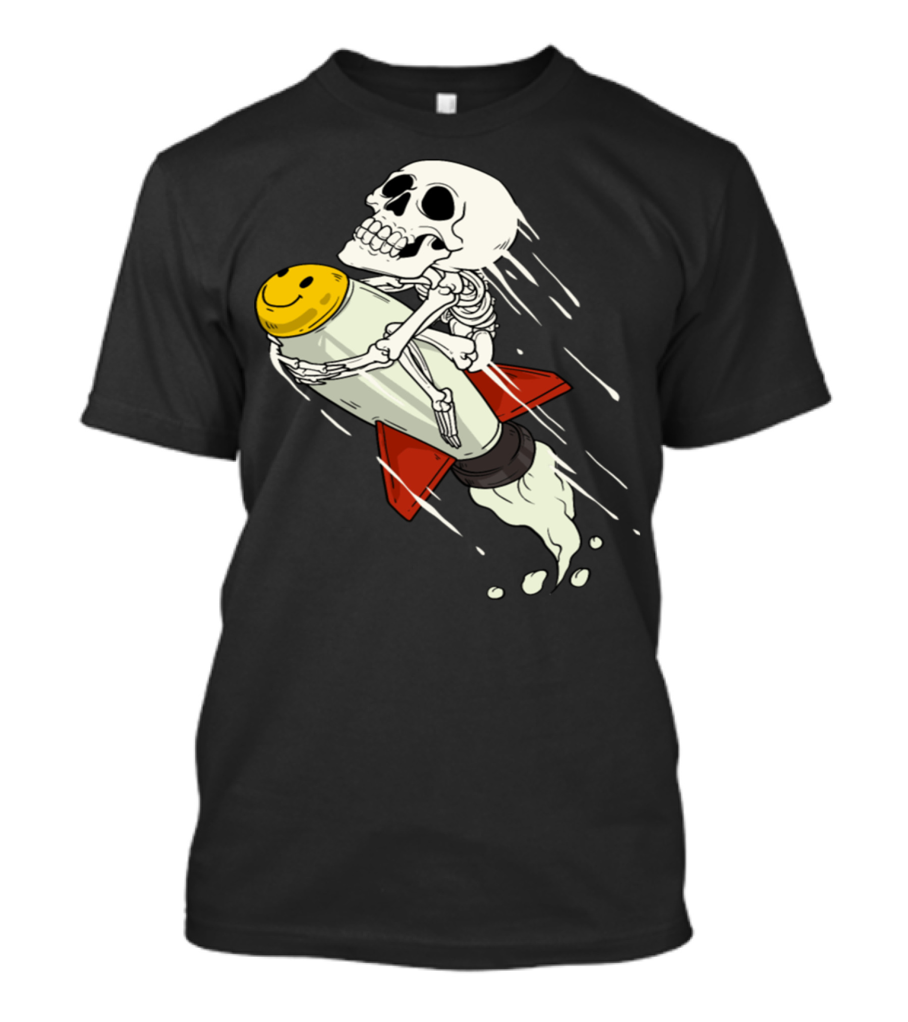 Skeleton Riding Smiley Rocket In Space T-Shirt