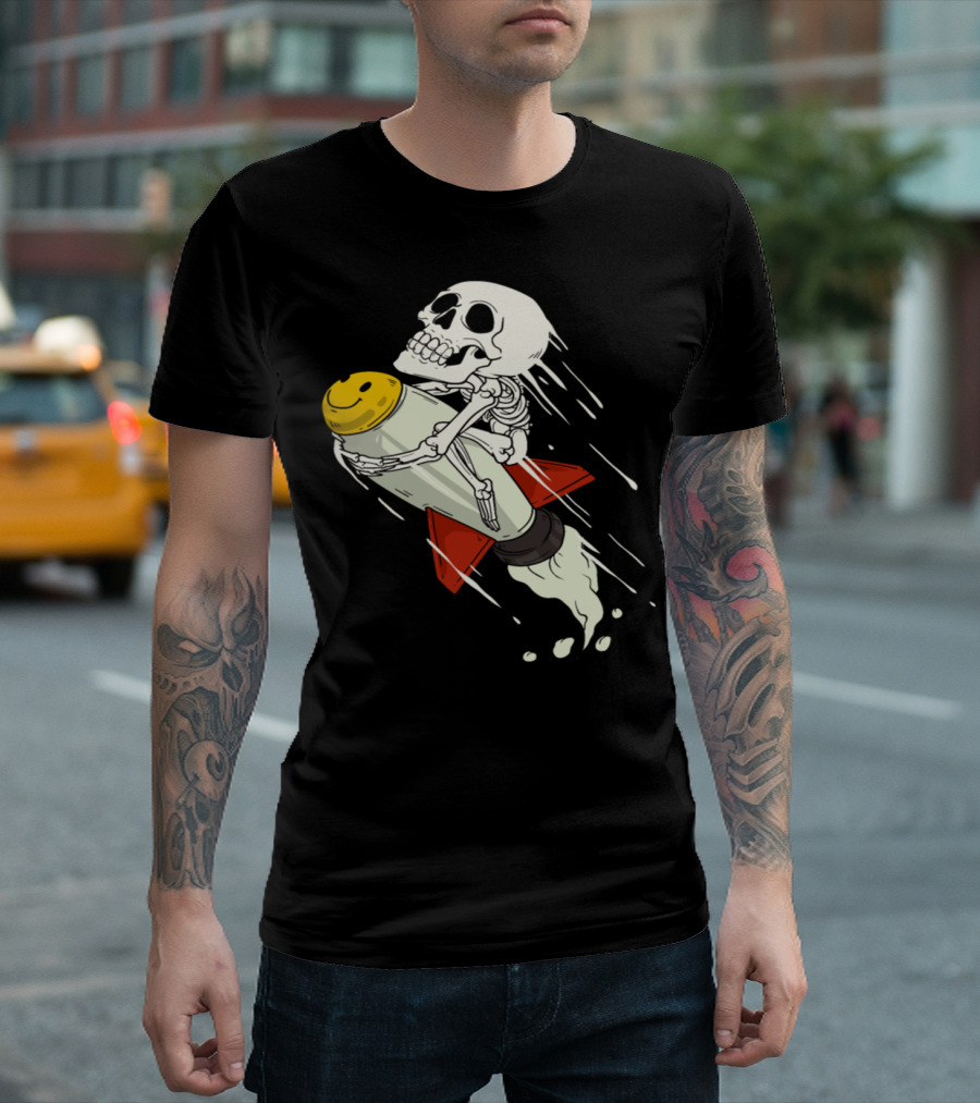 Skeleton Riding Smiley Rocket In Space T-Shirt
