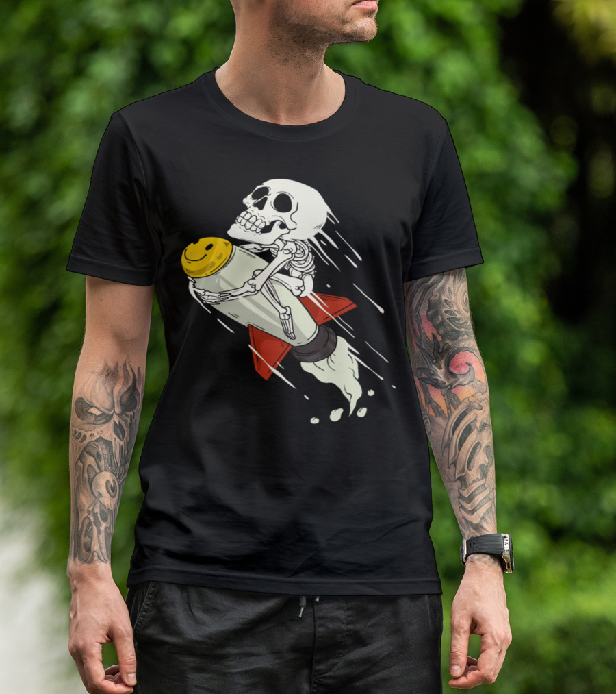 Skeleton Riding Smiley Rocket In Space T-Shirt
