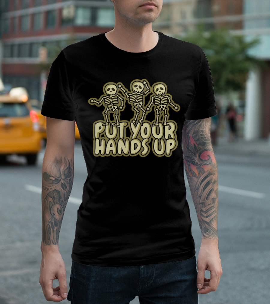 Put Your Hands Up Halloween Skeleton Trio Party T-Shirt