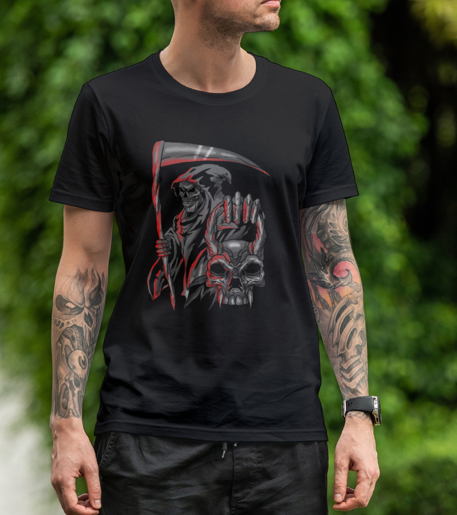 Reaper Dark Skeleton Angel Of Death Skull Scythe And Demonic Head T-Shirt
