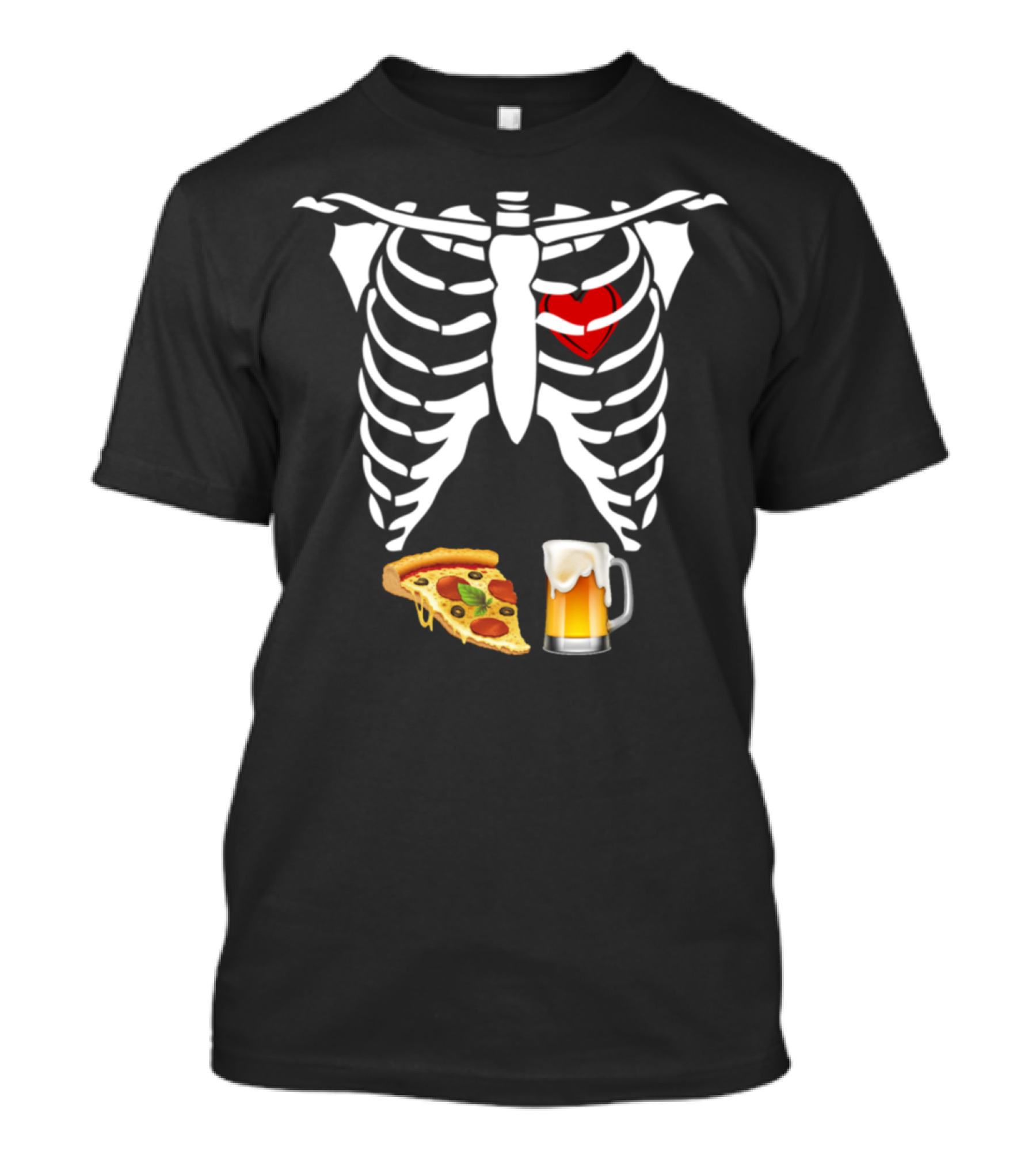 Skeleton Ribcage X-Ray Pregnancy Announcement With Pizza And Beer Icons T-Shirt
