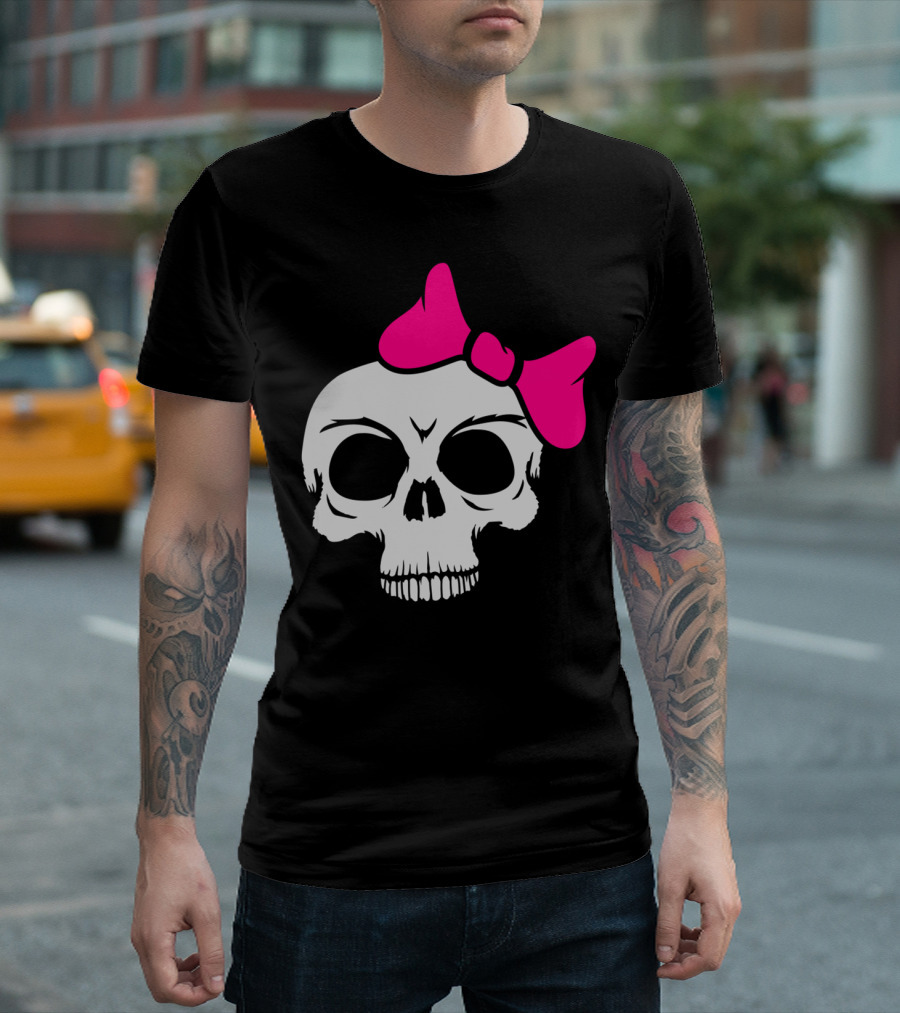 Skeleton Skull Pink Bow Fun Girls Evil Bath Dangerous T-Shirt