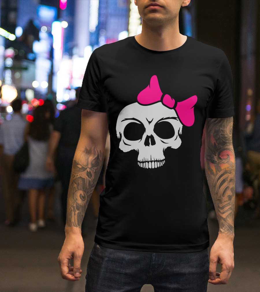 Skeleton Skull Pink Bow Fun Girls Evil Bath Dangerous T-Shirt