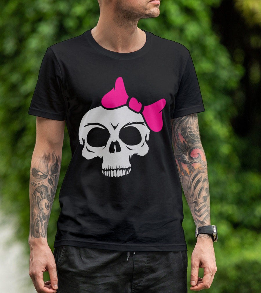 Skeleton Skull Pink Bow Fun Girls Evil Bath Dangerous T-Shirt