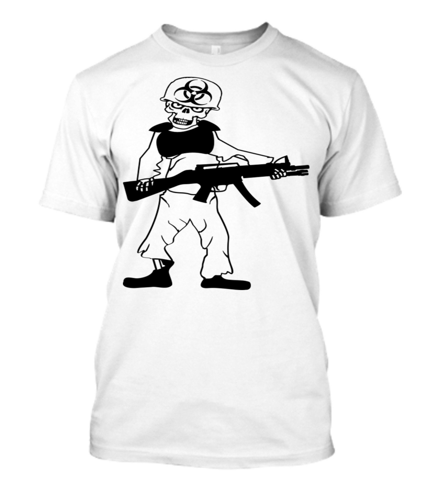 Horror Zombie Soldier Skeleton With Biohazard Army Helmet And Gun T-Shirt