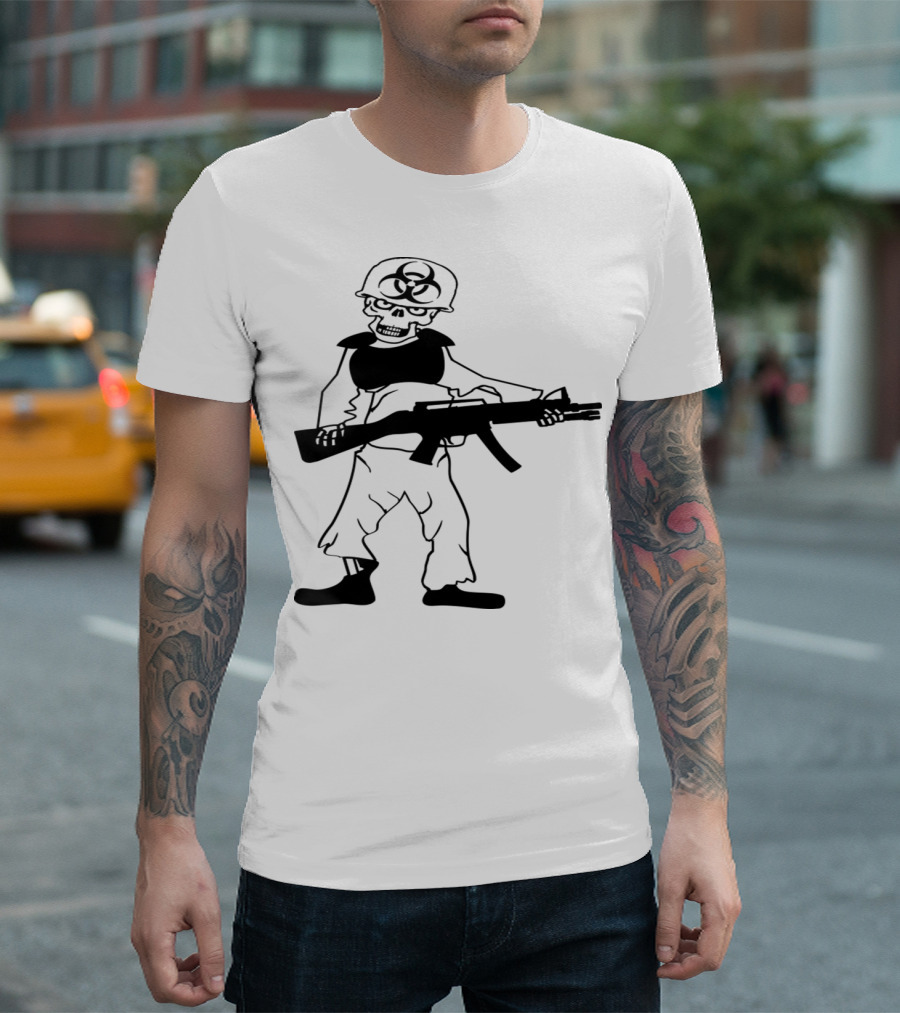 Horror Zombie Soldier Skeleton With Biohazard Army Helmet And Gun T-Shirt