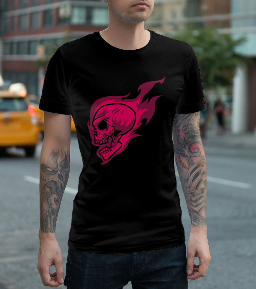 Flaming Skull Fire Human Head Skeleton Bone Bony Mask T-Shirt