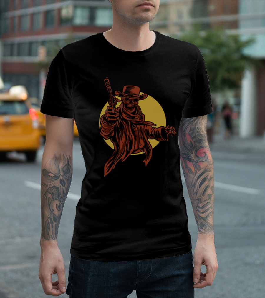 Cowboy Skull Skeleton Head Face With Gun and Hat T-Shirt