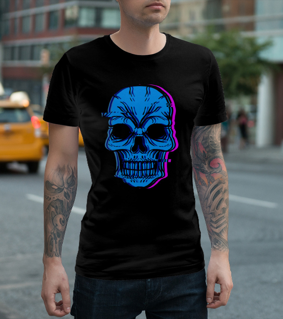 Skull Human Skeleton Bone Head Face Eyes Ears Blue Glitch T-Shirt