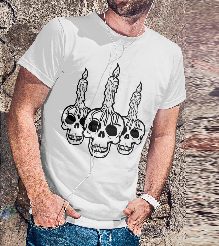 Creepy Horror Candle Skull Heads Triple Skeleton Skulls T-Shirt
