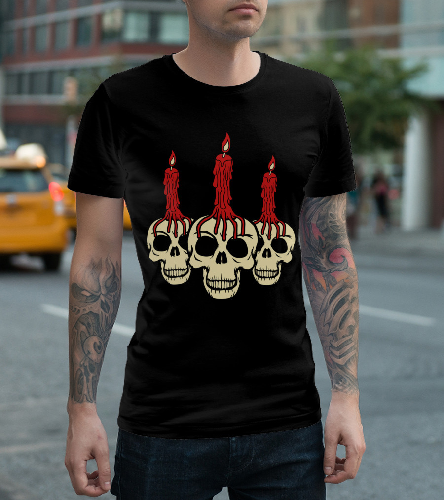 3 Skull Skeleton Heads with Creepy Horror Candle Wax T-Shirt