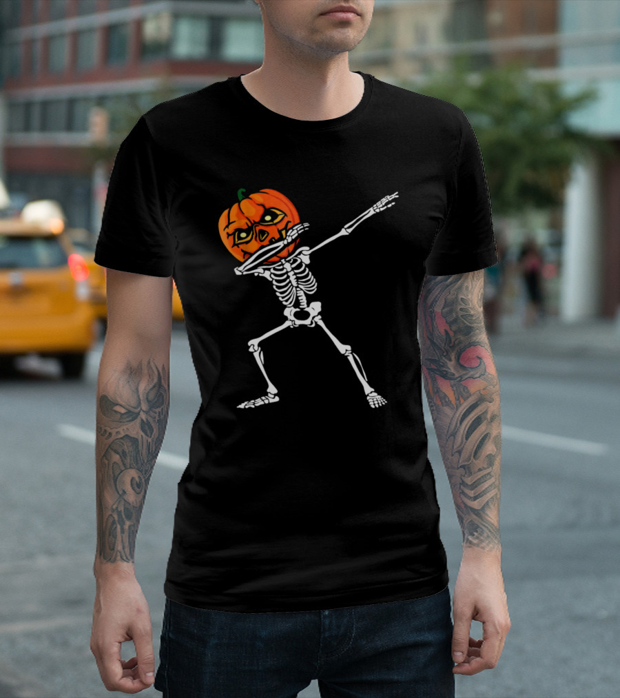 Spooky Halloween Pumpkin Head Skeleton Dabbing T-Shirt