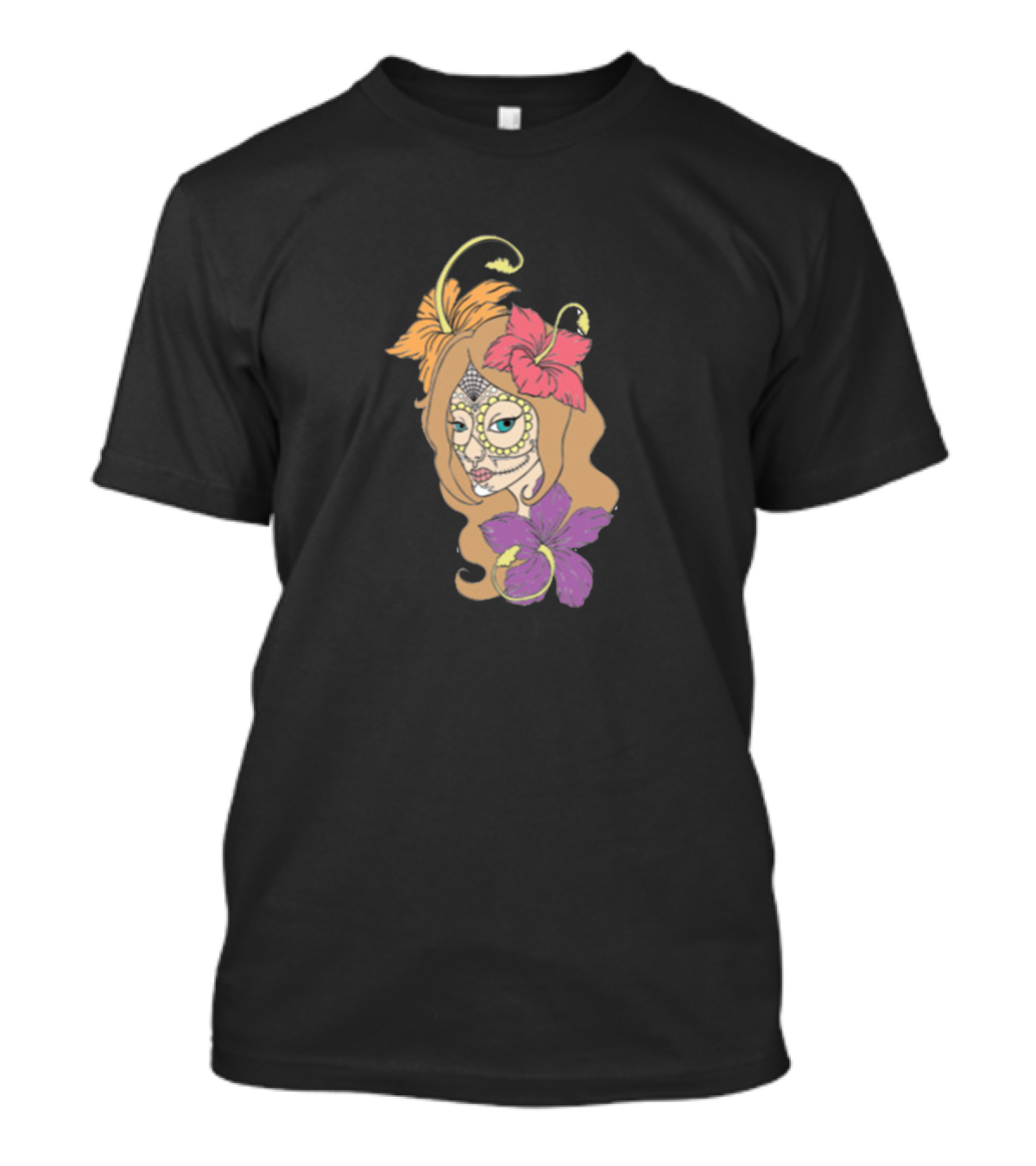 Female Sugar Skull With Hibiscus And Tropical Flowers T-Shirt