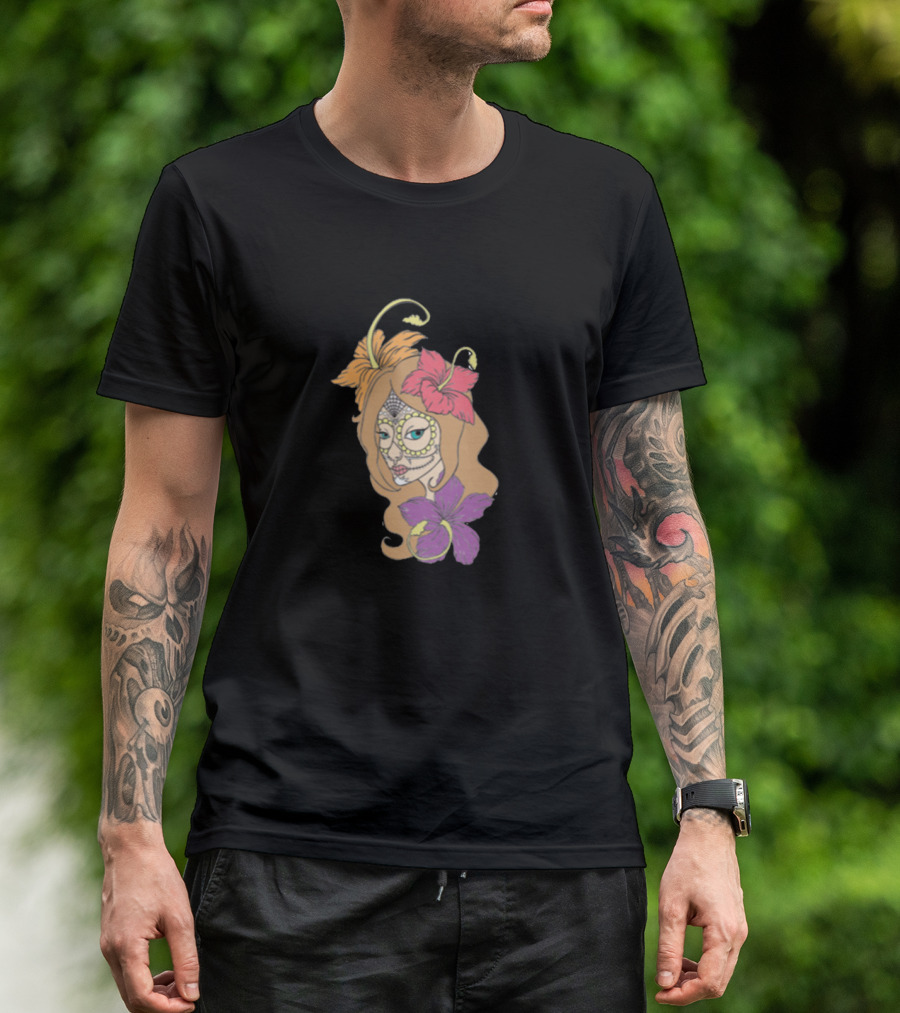 Female Sugar Skull With Hibiscus And Tropical Flowers T-Shirt