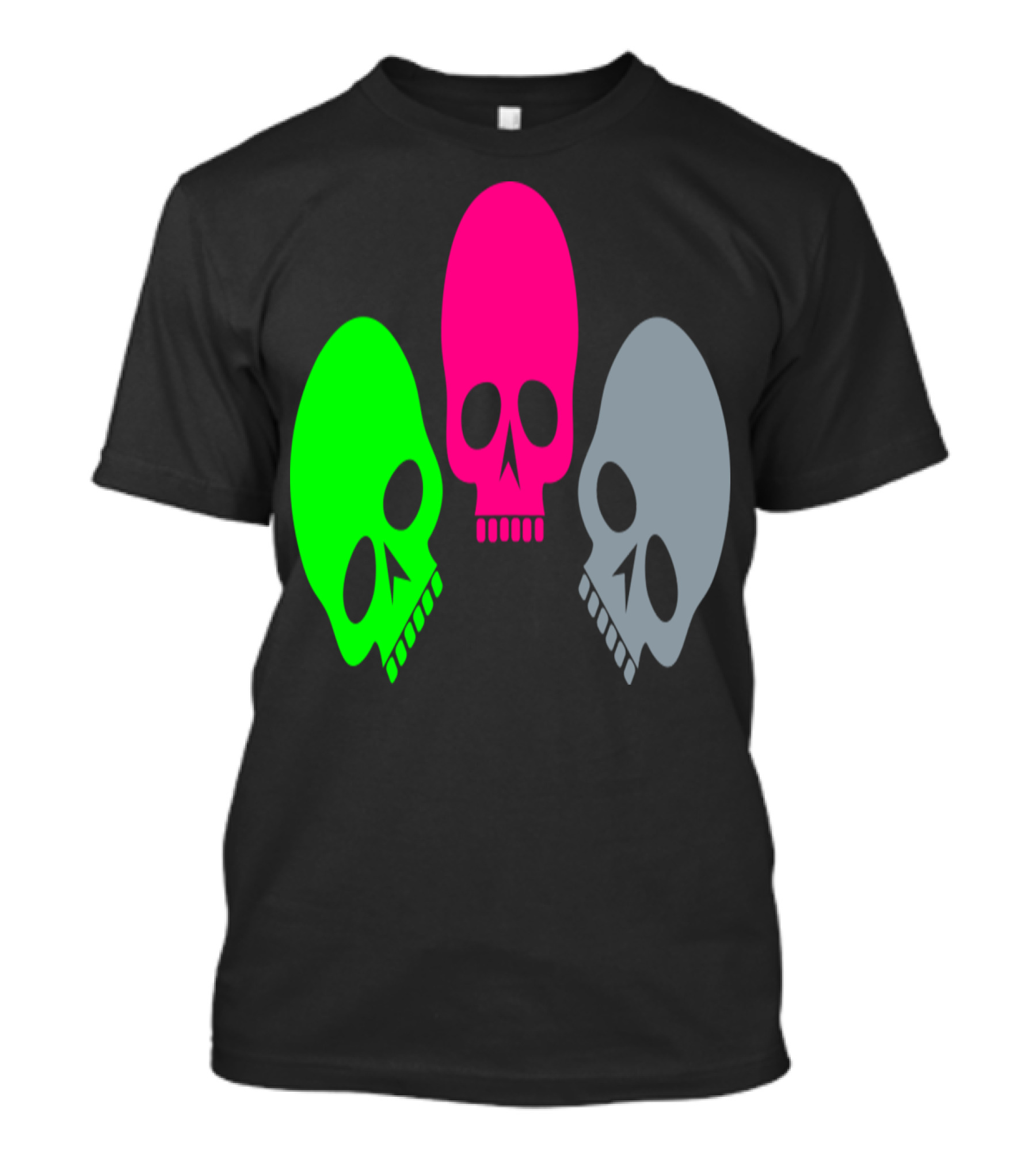 Three Skulls Neon Green Pink Grey T-Shirt