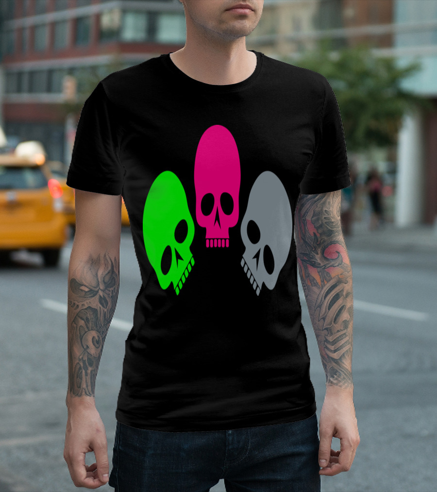 Three Skulls Neon Green Pink Grey T-Shirt
