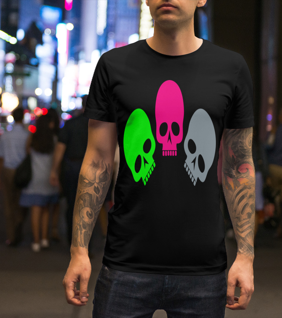 Three Skulls Neon Green Pink Grey T-Shirt