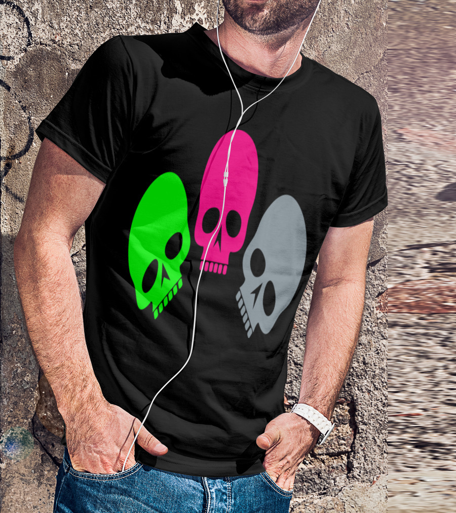 Three Skulls Neon Green Pink Grey T-Shirt