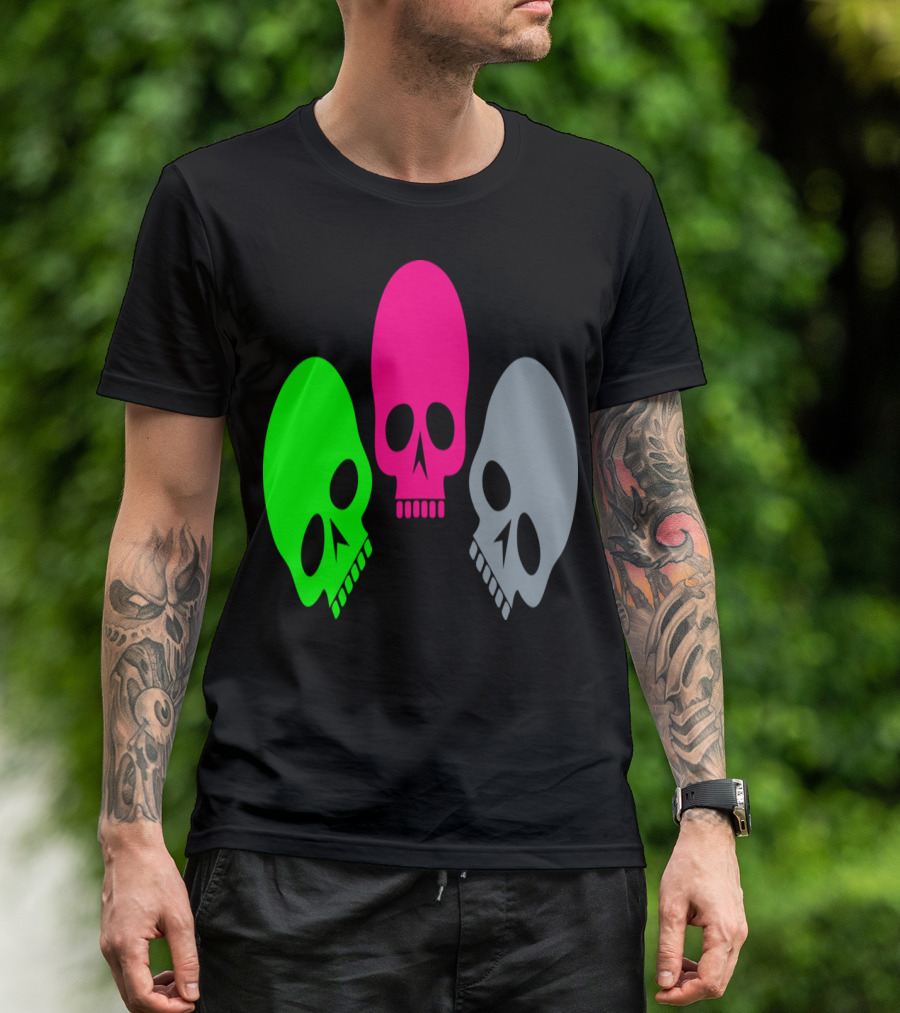 Three Skulls Neon Green Pink Grey T-Shirt