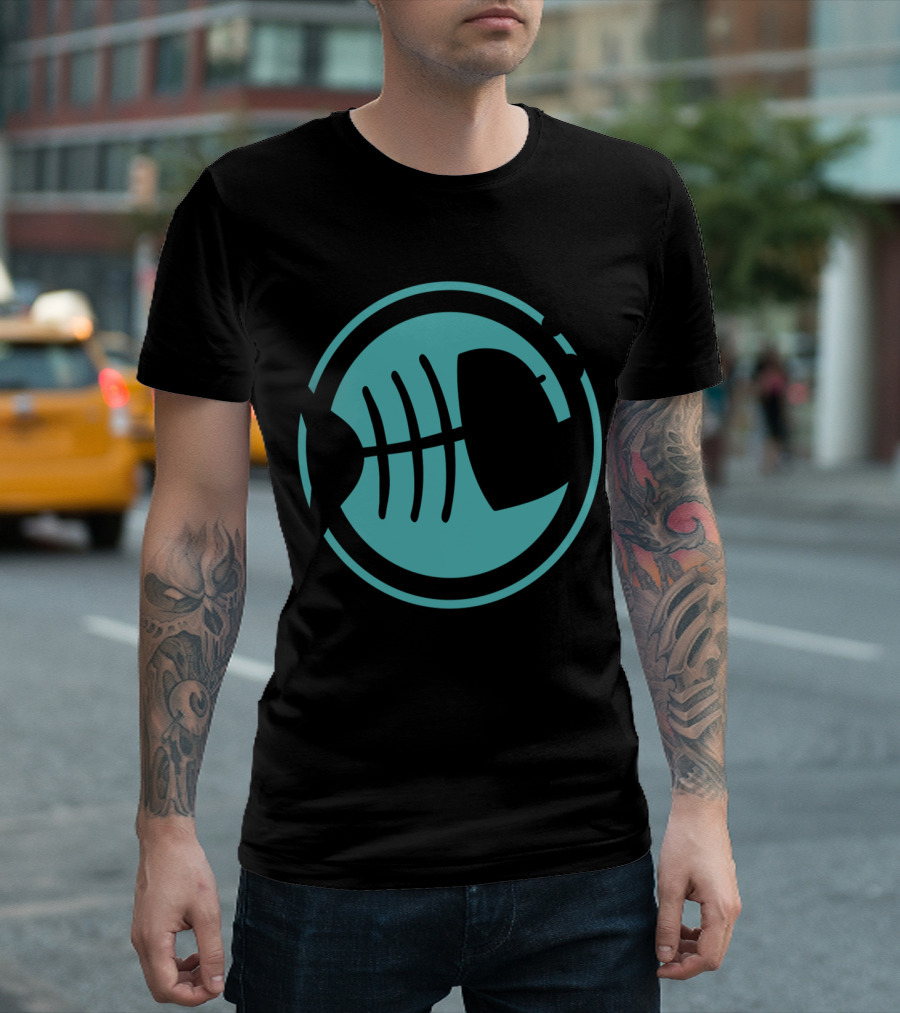 Dead Fish Skeleton In Blue Circle With Bubbles T-Shirt