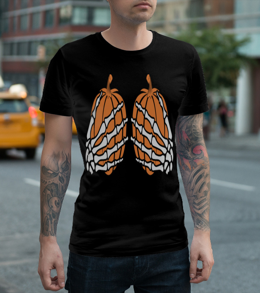 Skeleton Hands Grasping Pumpkins Halloween Party T-Shirt