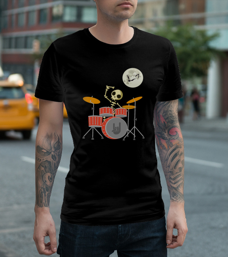 Skeleton Drummer Moonlit Rock And Roll Gesture T-Shirt