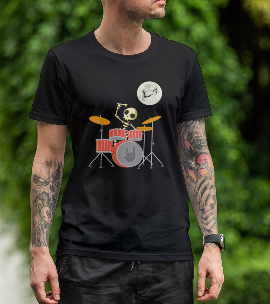 Skeleton Drummer Moonlit Rock And Roll Gesture T-Shirt