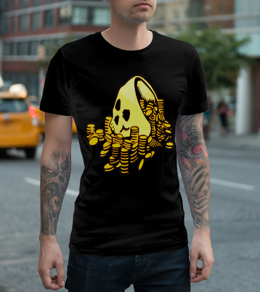 Skull Surrounded by Piles of Gold Coins T-Shirt