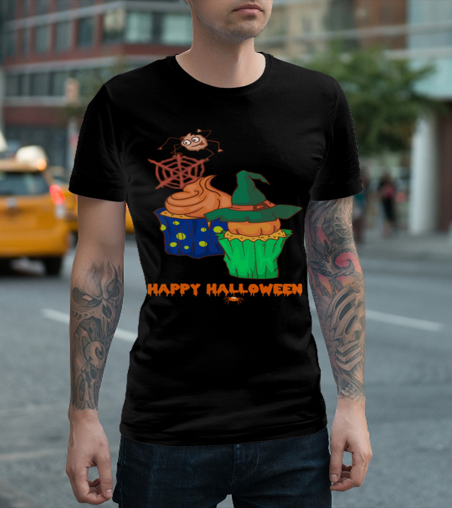 Happy Halloween Horror Muffins with Witch Hat and Spider Web Cupcakes T-Shirt