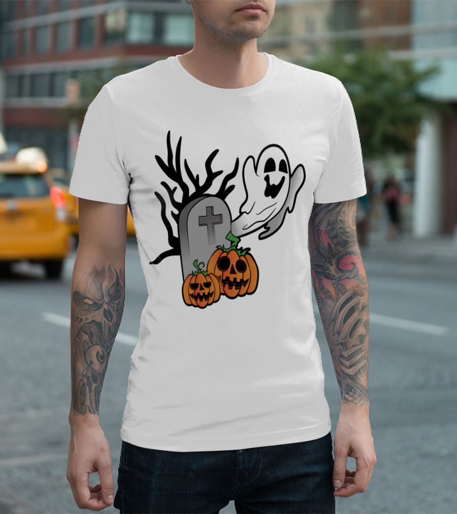 Ghostly Halloween Pumpkins And Scary Grave Stone Fright T-Shirt