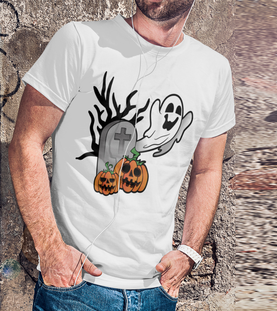 Ghostly Halloween Pumpkins And Scary Grave Stone Fright T-Shirt