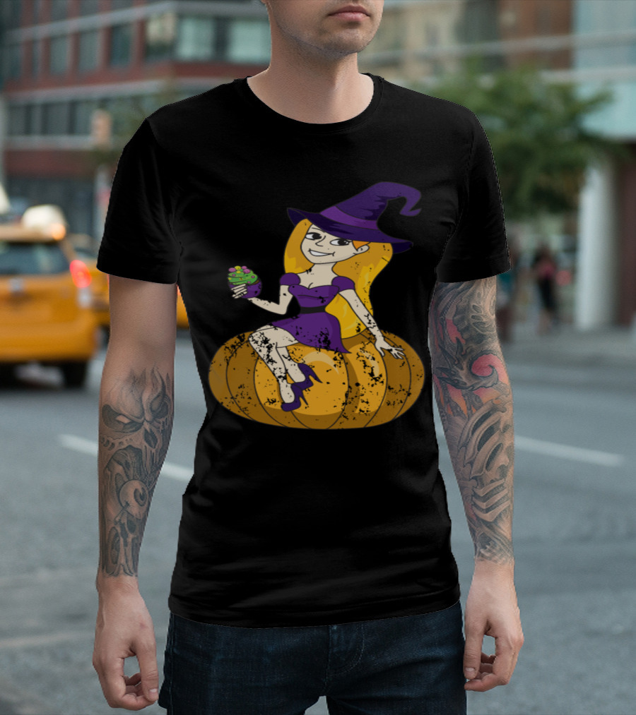 Retro Vintage Grunge Style Witch on Pumpkin with Cupcake T-Shirt