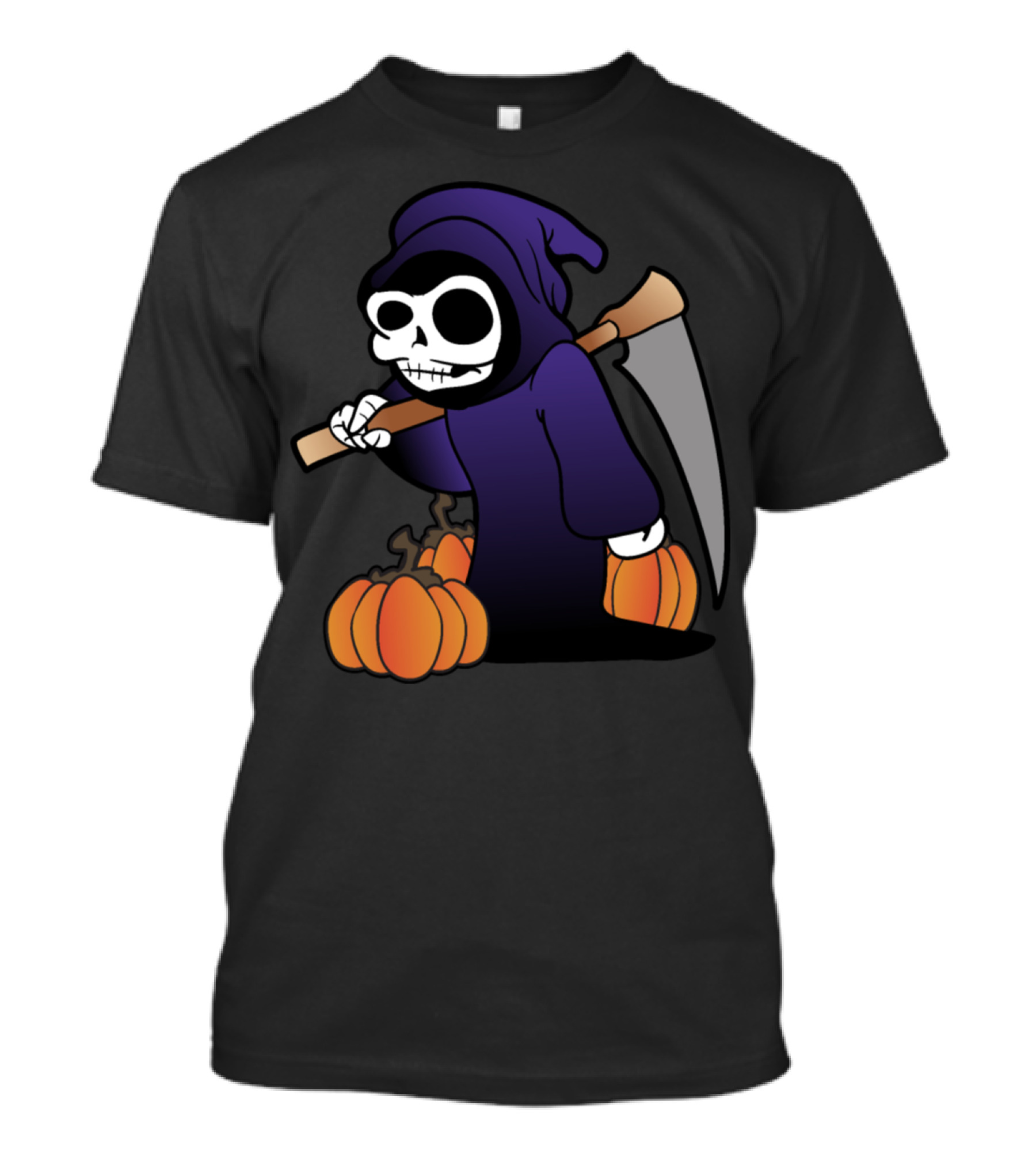 Skeleton Grim Reaper With Scythe And Pumpkins Halloween Monster Zombie Horror T-Shirt