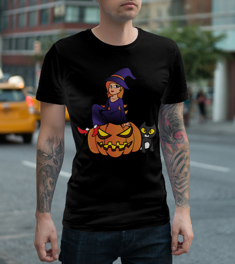 Halloween Witch Cat on Pumpkin Horror Monster Zombie T-Shirt