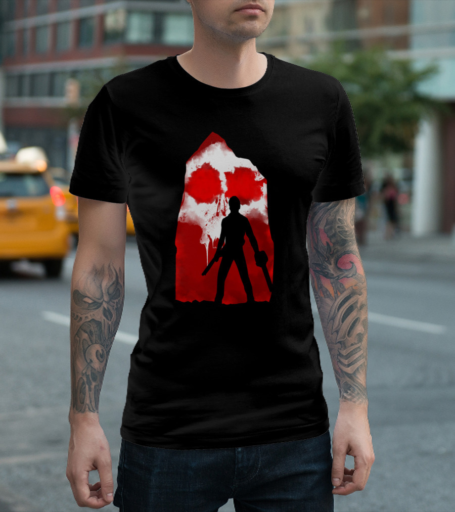 Ash and Skull Warrior Silhouette Red and White Skull Scene T-Shirt