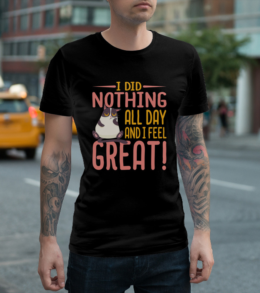 I Did Nothing All Day and I Feel Great Lazy Cat Cartoon T-Shirt